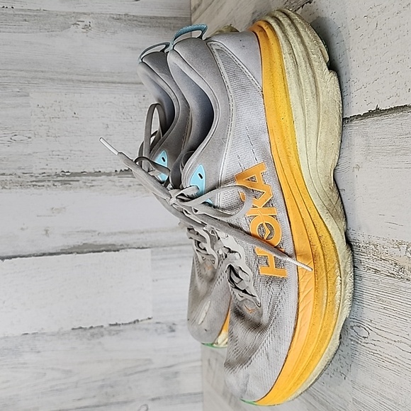 Hoka One One Bondi 8 gray orange yellow running athletic shoes Size 10.5 D